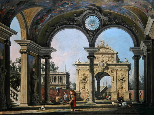 Capriccio of a triumphal arch seen through an ornate archway, c.1750 (oil on canvas) von Giovanni Antonio Canal (Canaletto)