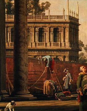 Capriccio of a man scaling a wall (oil on canvas) 16th