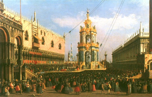 Venice the Giovedi Grasso Festival in the Piazzetta von Giovanni Antonio Canal (Canaletto)
