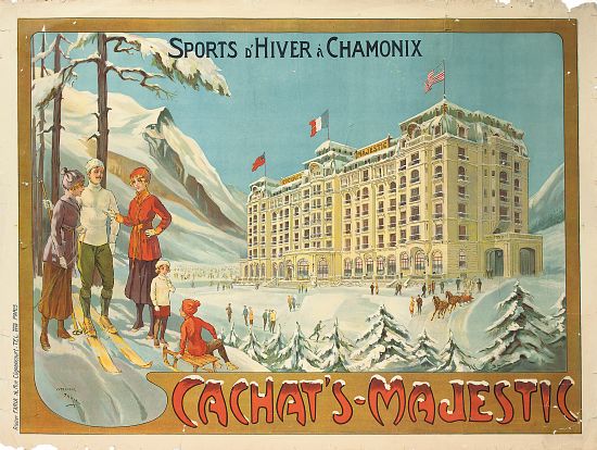 Poster advertising the hotel 'Cachat's Majestic', and winter sports at Chamonix von Candido Aragonez de Faria