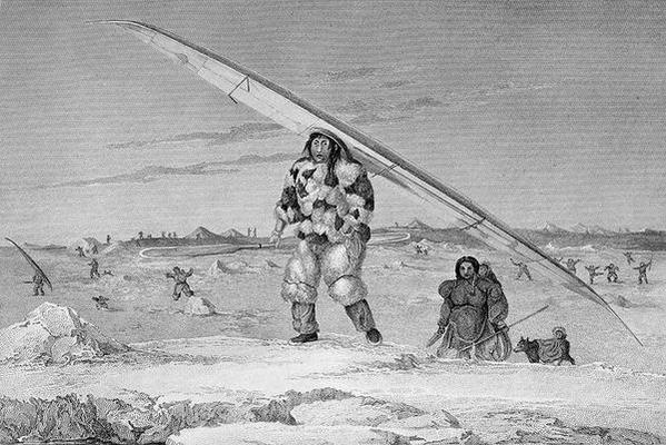 An Eskimaux of Igloolik, wearing a bird-skin jacket, carrying his canoe down to the water, von Captain George Francis Lyon
