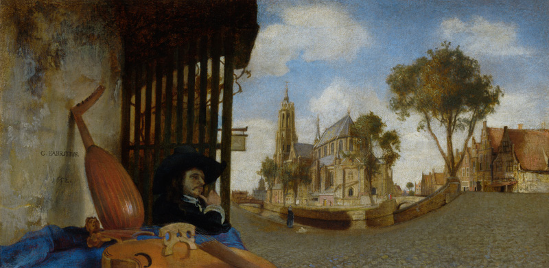 Ansicht von Delft mit Stand eines Musikinstrumentenverkäufers von Carel Fabritius