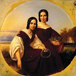 Zwei Mädchen vor einer sommerlichen Landschaft. um 1850