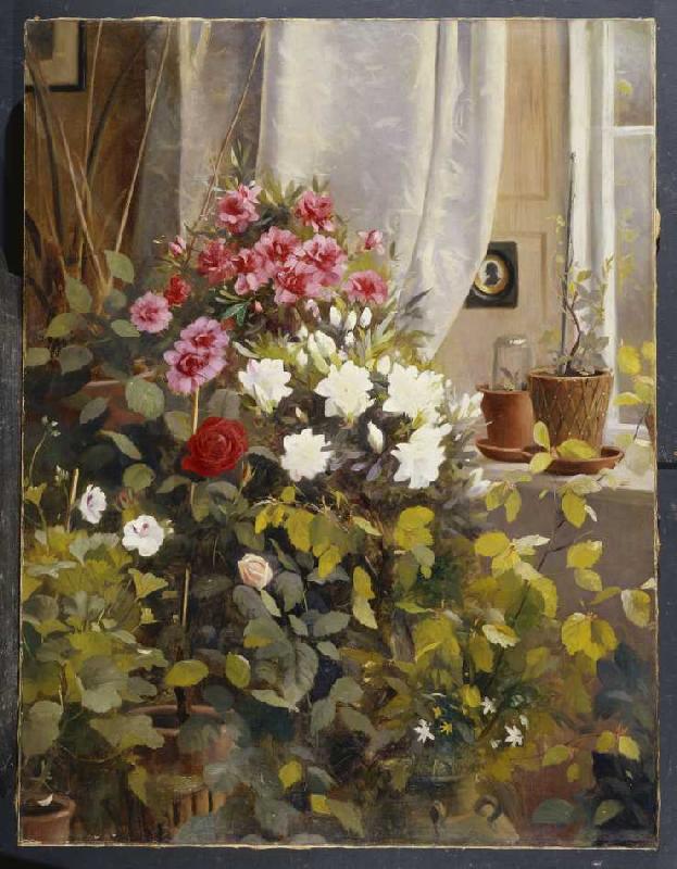 Azaleen, Geranien und Rosen an einem Fenster von Carl Carlsen