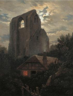 Ruine Eldena mit Hütte bei Greifswald im Mondschein 1820