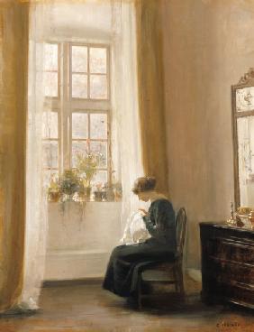 A Girl Sewing in an Interior 18th