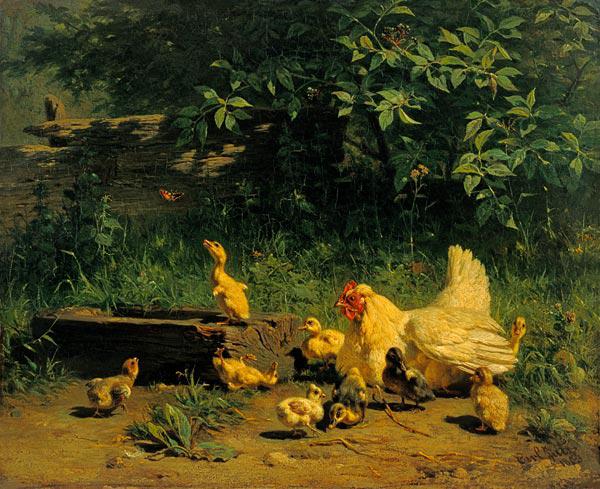 Henne mit Kücken und jungen Enten 1863