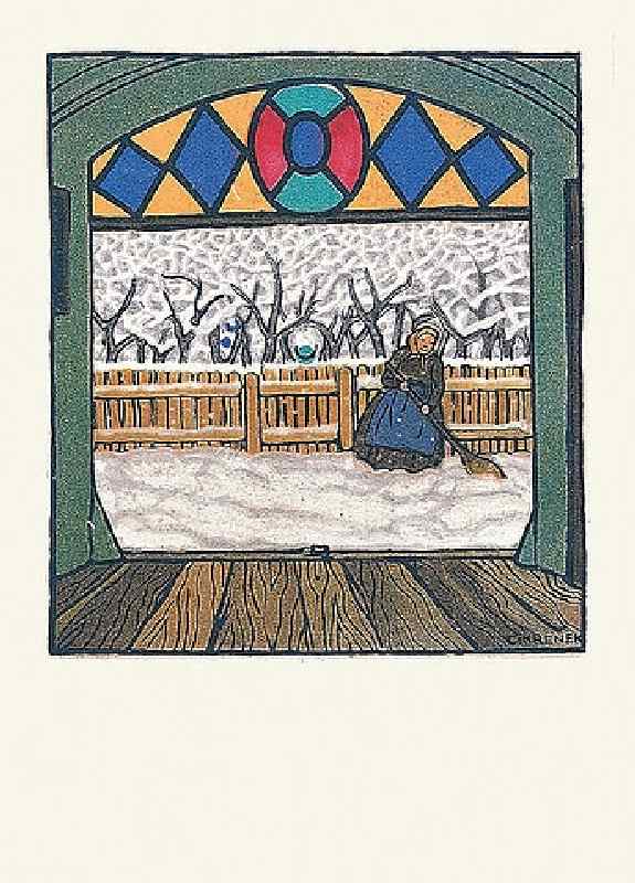 Schneekehrende Frau.  Weihnachtskarte der Wiener Werkstätten, No.762 von Carl Krenek