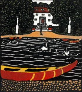 Teich mit Booten und Schwänen. Karte der Wiener Werkstätten, No. 253