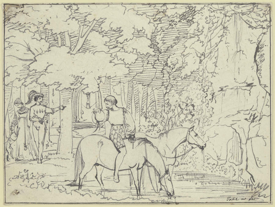 An einem Waldrand tränkt ein Reitknecht zwei Pferde von Carl Philipp Fohr