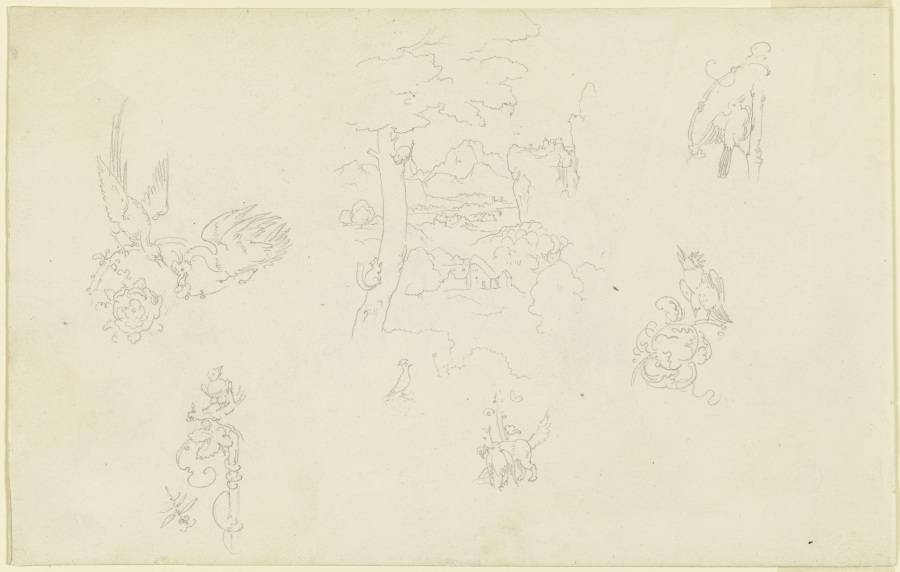Ranken mit verschiedenen Tieren; Landschaft mit einem Baum, in dem zwei Eichhörnchen spielen von Carl Philipp Fohr
