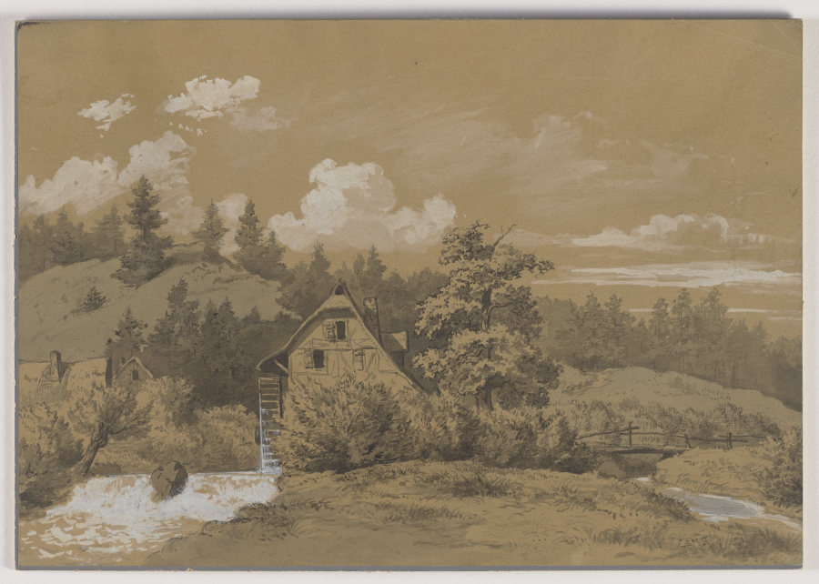 Landschaft mit Fachwerkhaus und Kaskade von Carl Roux