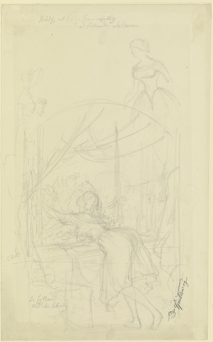 Mädchen am Fenster, einen Blumenstock umarmend, darüber Skizzen zweier Mädchen von Carl Spitzweg