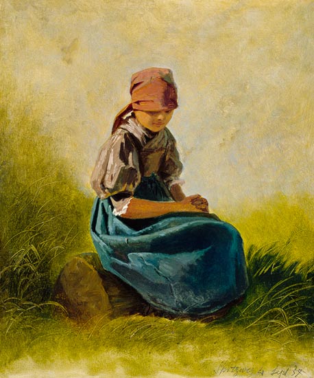 Sitzendes Bauernmädchen mit gefalteten Händen von Carl Spitzweg