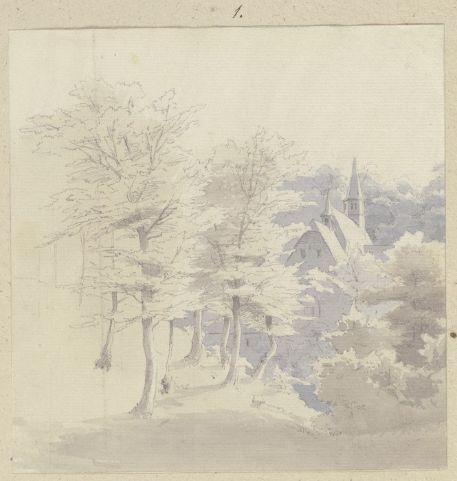Blick durch Bäume auf das Kloster Nothgottes von Carl Theodor Reiffenstein