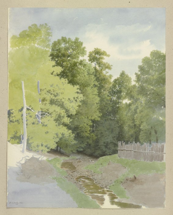 Ein Zaun entlang eines trockengefallenen Bachlaufes am Waldrand von Carl Theodor Reiffenstein