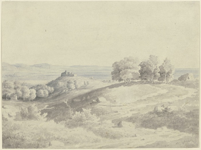 Gebirgslandschaft, im Mittelgrund eine Anhöhe mit einer Burg, rechts Baumgruppen von Carl Theodor Reiffenstein
