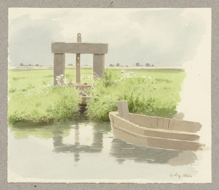 Hölzerne Schleuse, rechts ein auf dem Gewässer treibender Kahn von Carl Theodor Reiffenstein