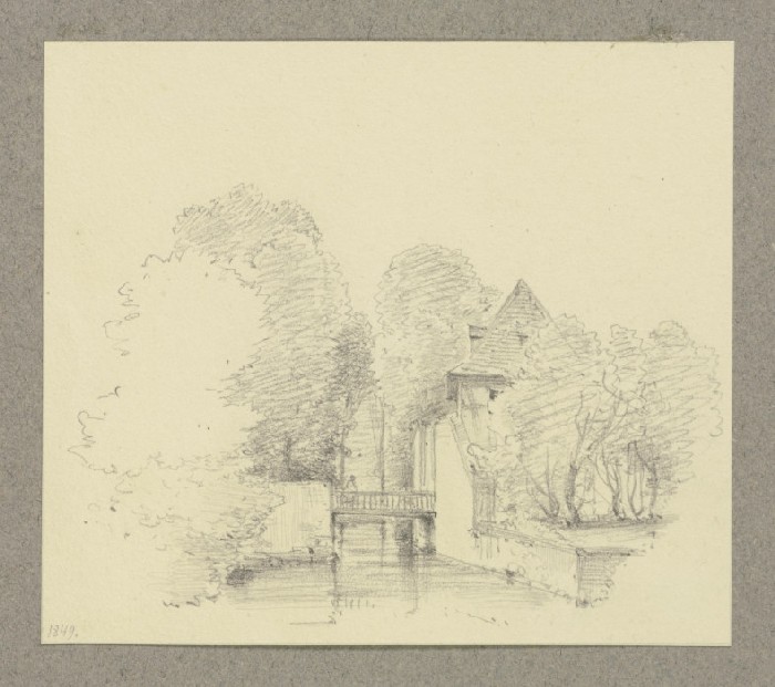 Holzbrücke und Torhaus an einem Gewässer von Carl Theodor Reiffenstein