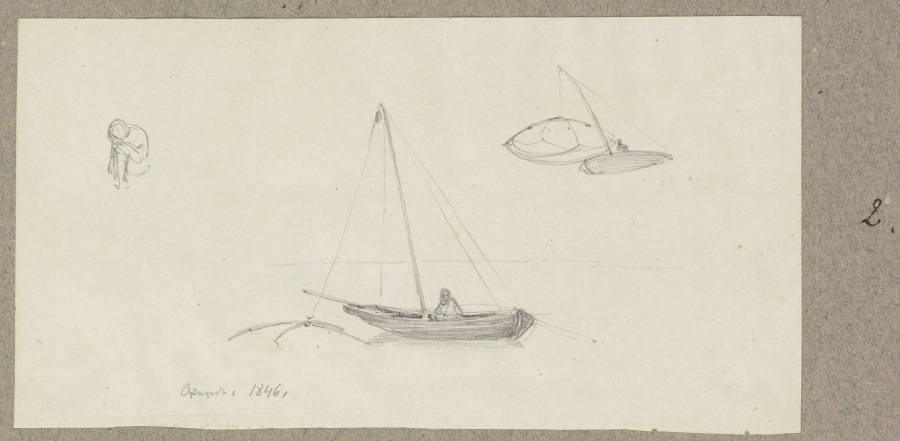 Studienblatt: Zwei Boote mit Fischern und Reusen, links eine kauernde Figur von Carl Theodor Reiffenstein