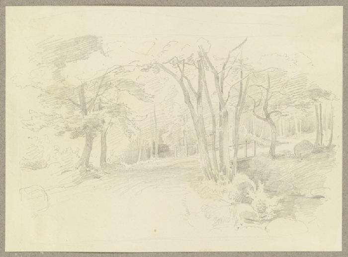 Waldweg, einen Bach über einen Holzsteg querend von Carl Theodor Reiffenstein
