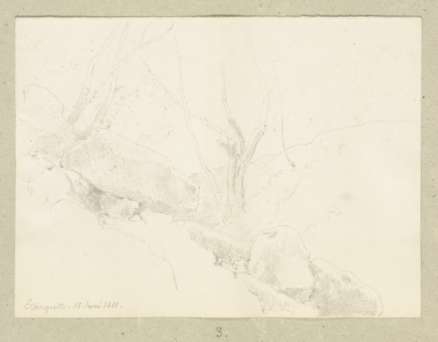 Zwischen Bäumen in einer Senke umherliegende Felsbrocken von Carl Theodor Reiffenstein