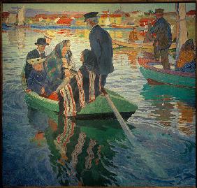 Kirchgänger in einem Boot 1909