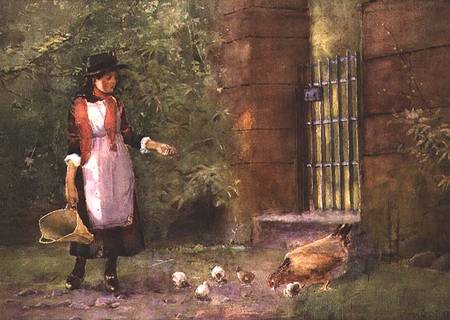 Girl feeding hens von Carleton Grant