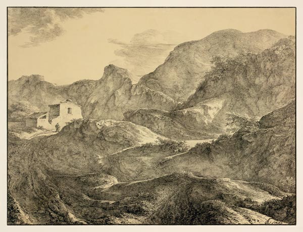 Gebirgslandschaft, links ein Haus mit einem Wanderer davor von Carl Friedrich von Rumohr