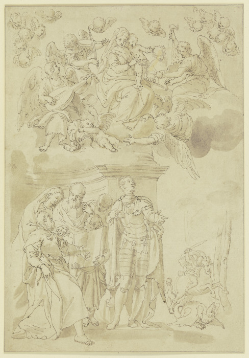 Der Heilige Georg nach der Überwindung des Drachens, über ihm schwebend die Jungfrau Maria, umgeben  von Carlo Caliari
