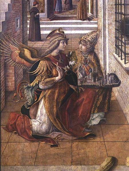 The Annunciation with St. Emidius, detail of the archangel Gabriel with the saint von Carlo Crivelli