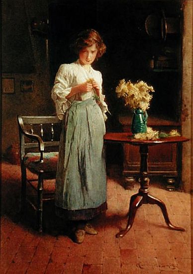 Girl in a cottage by a table and chair von Carlton Alfred Smith