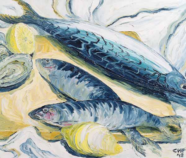 Mackerel with Oysters and Lemons, 1993 (oil on paper)  von Carolyn  Hubbard-Ford
