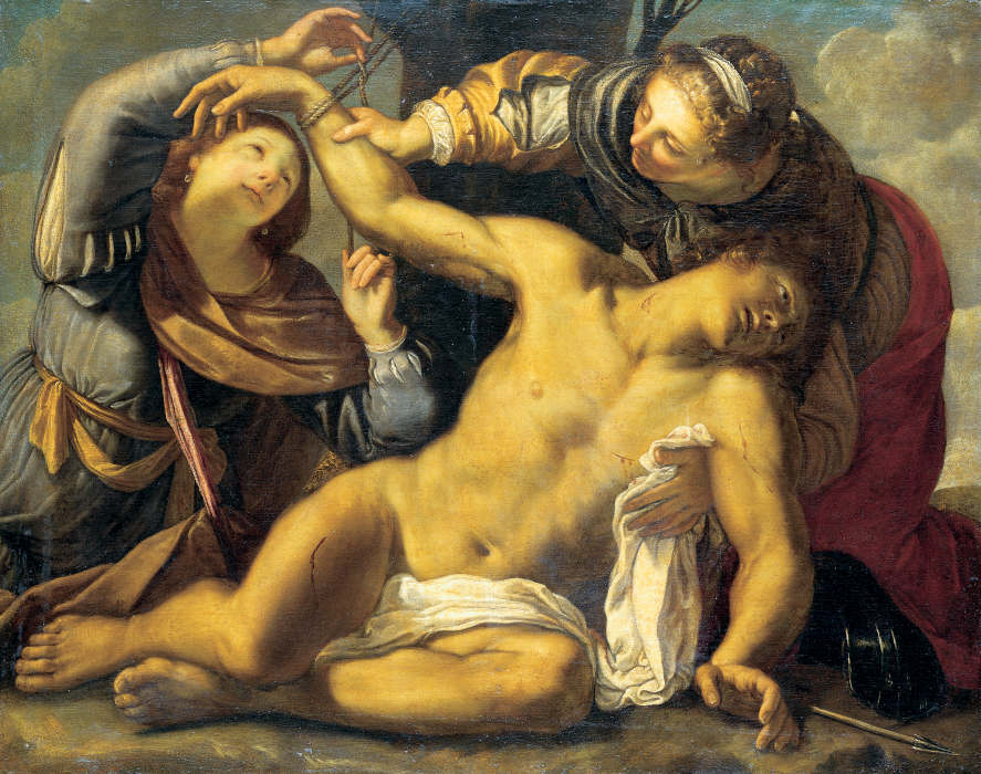 Der heilige Sebastian wird von der heiligen Irene und einer Dienerin gepflegt von Carracci