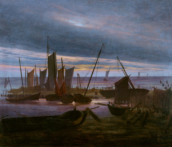 Ostseestrand mit Fischerbooten bei Mondaufgang von Caspar David Friedrich