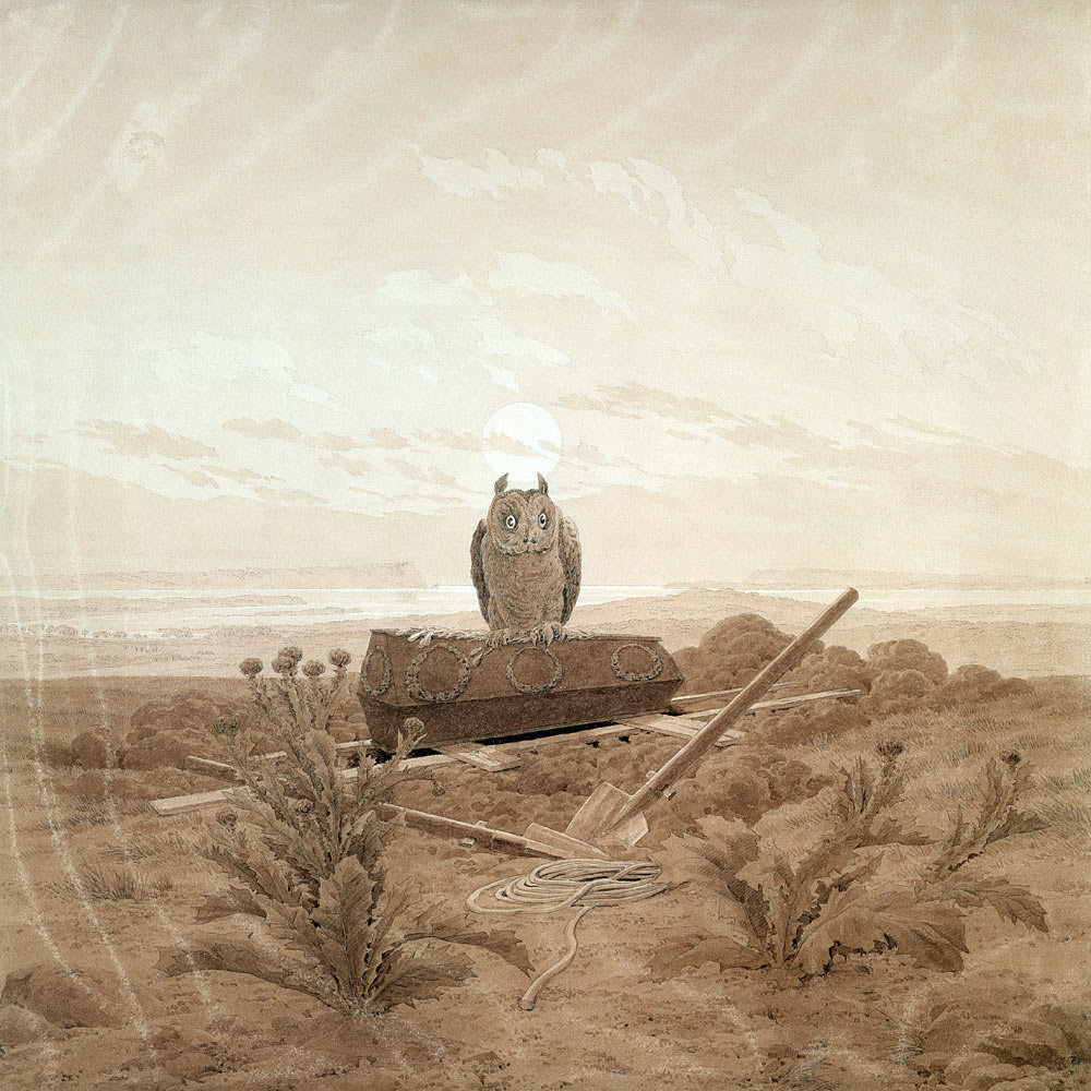 Landschaft mit Grab, Sarg und Eule von Caspar David Friedrich