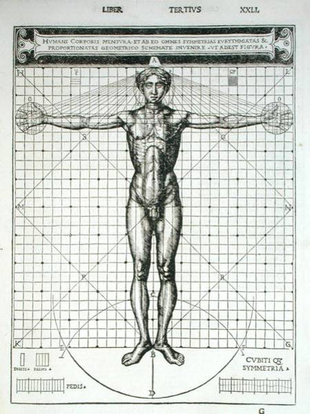 Ideal proportions based on the human body, from 'Di Lucio Vitruvio Pollione de architectura a libri von Cesare di Lorenzo Cesariano