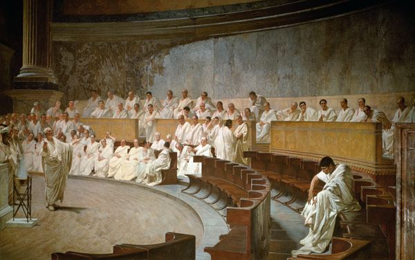 Cicero beschuldigt Catilina im Senat der Verschwörung von Cesare Maccari