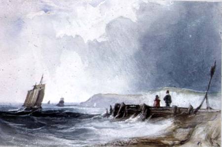 Coast Scene, with boats and wooden jetty von Charles Bentley