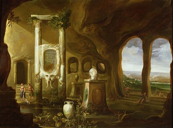 A monument to Augustus, in a grotto with figures, 17th century von Charles-Cornelisz de Hooch