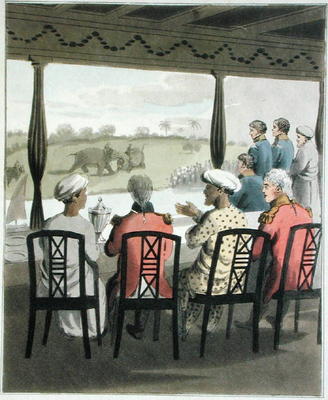 Marquis Wellesley and his Suite, at the Nabob of Oude's Breakfast Table, viewing an elephant fight, von Charles D'Oyly