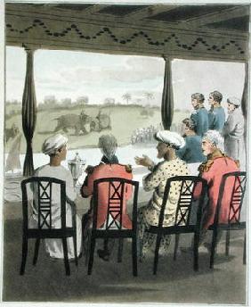 Marquis Wellesley and his Suite, at the Nabob of Oude's Breakfast Table, viewing an elephant fight, 1888