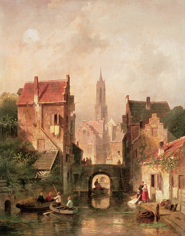 A Dutch canal scene von Charles Henri Joseph Leickert