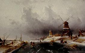 Winterliche Flußlandschaft mit Eisläufern und Windmühlen von Charles Henri Joseph Leickert