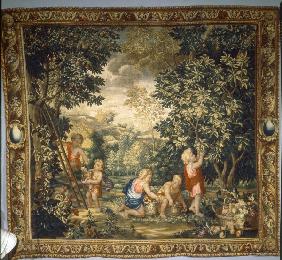 Boys harvesting fruit / Tapestry