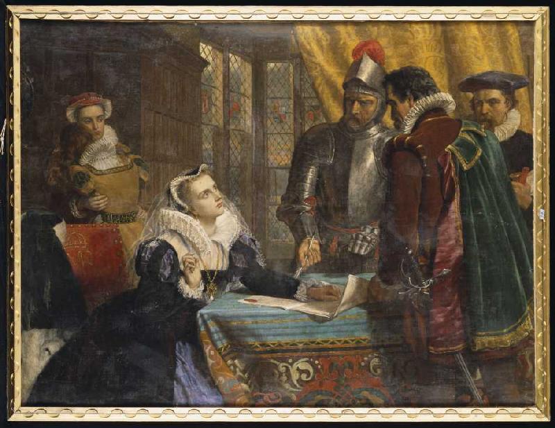 Die erzwungene Abdankung der Königin Maria von Schottland im Schloss Lochleven am 25. Juli 1567 von Charles Lucy