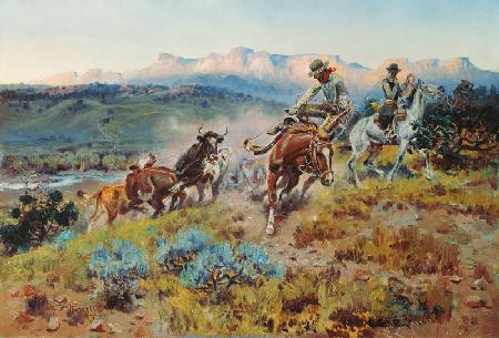 Cowboys beim Einfangen einer Herde 1919