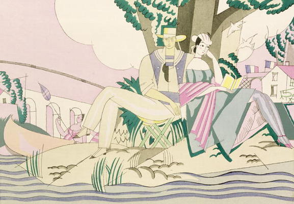 Picnic and Fishing Scene, c.1920 (stencil on paper) von Charles Martin