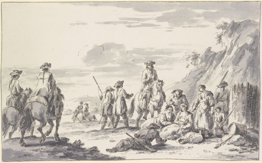 Soldaten zu Pferde und zu Fuß bei einem Schanzkorbe mit Frauen und Kindern von Charles Parrocel