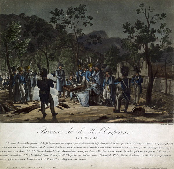 Rückkehr von der Insel Elba. Napoléon biwakiert am 1. März 1815 vor Cannes von Charles Francois Gabriel Levachez